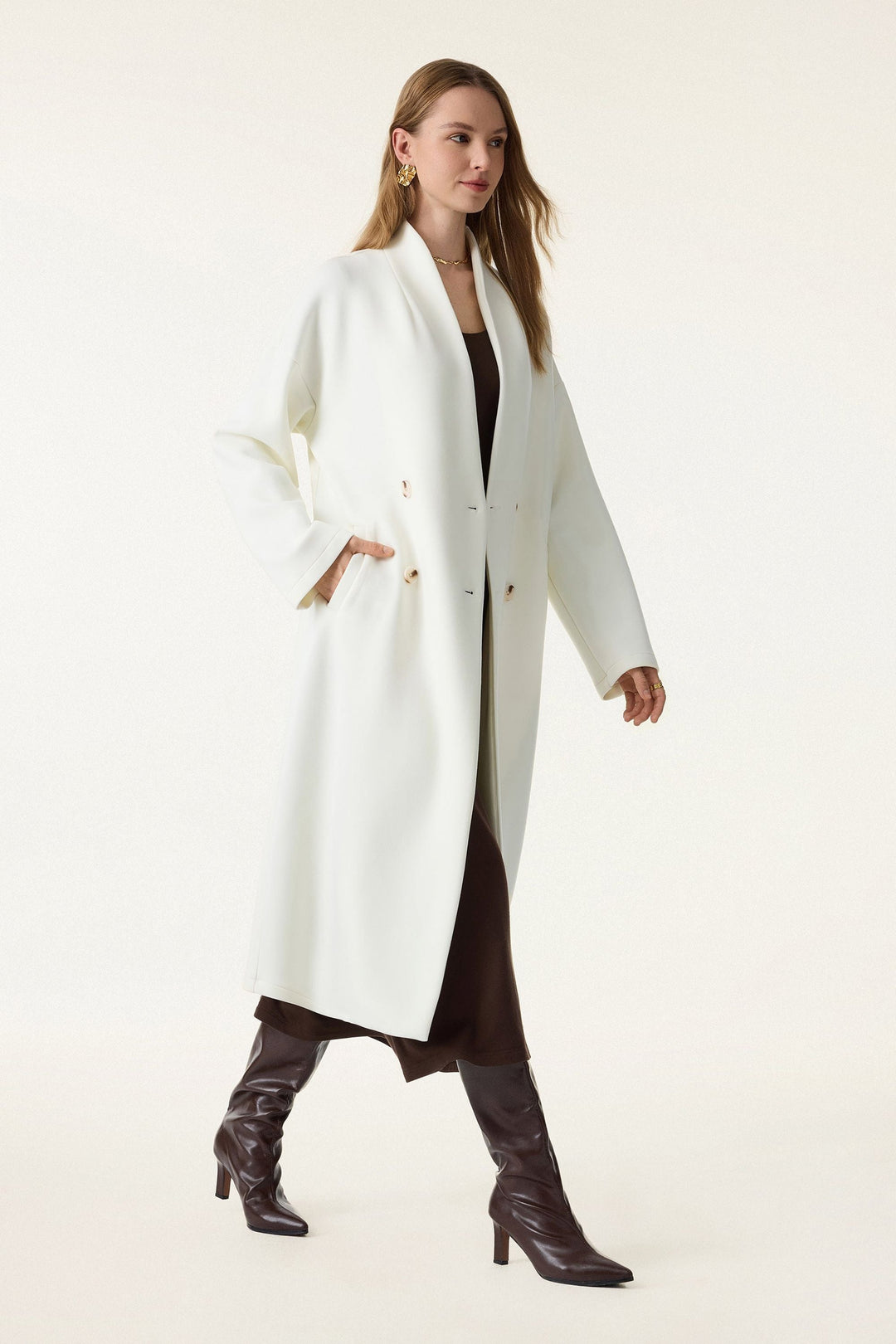 Double-breasted coat with standing collar
