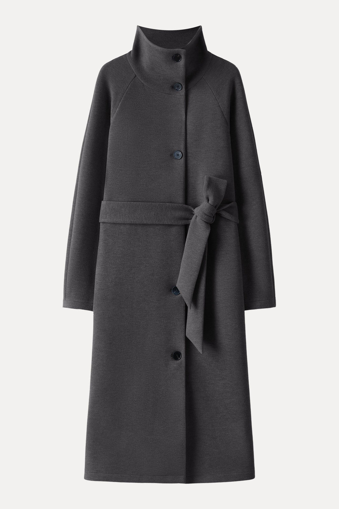 Belted coat with tunnel collar and buttons