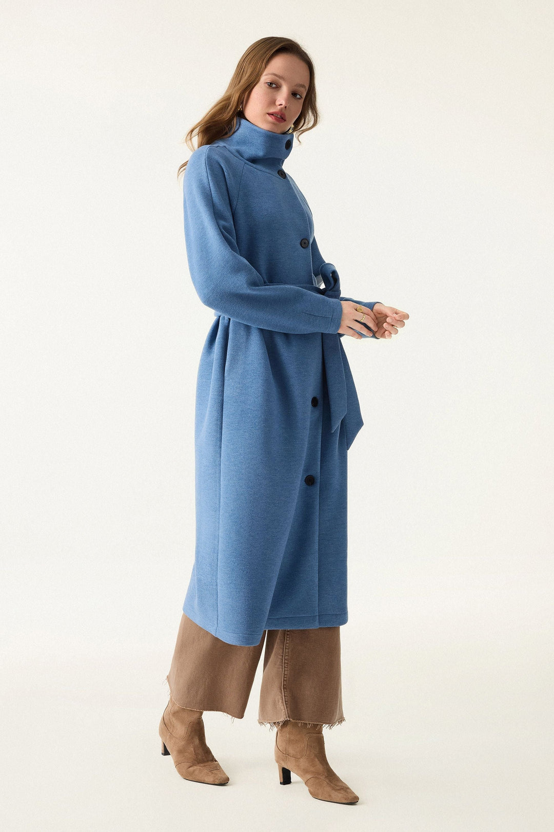 Belted coat with tunnel collar and buttons
