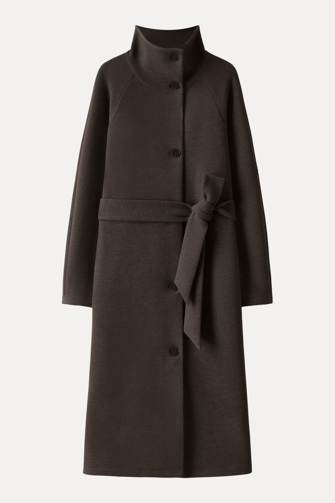 Belted coat with tunnel collar and buttons