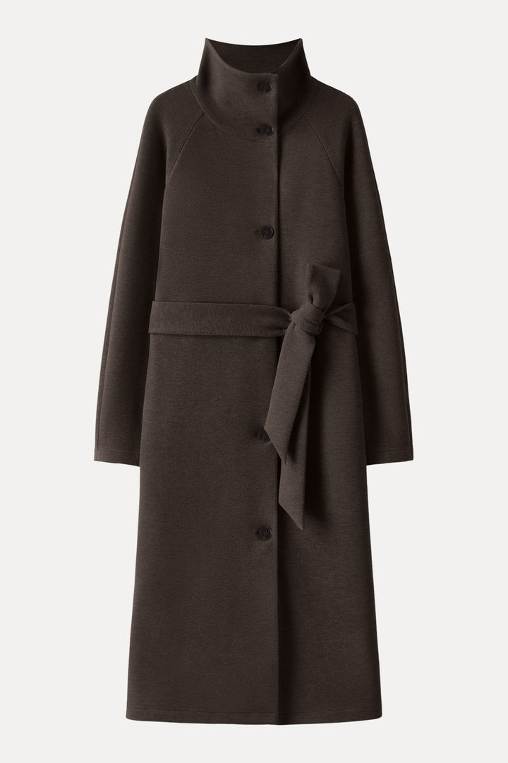 Belted coat with tunnel collar and buttons
