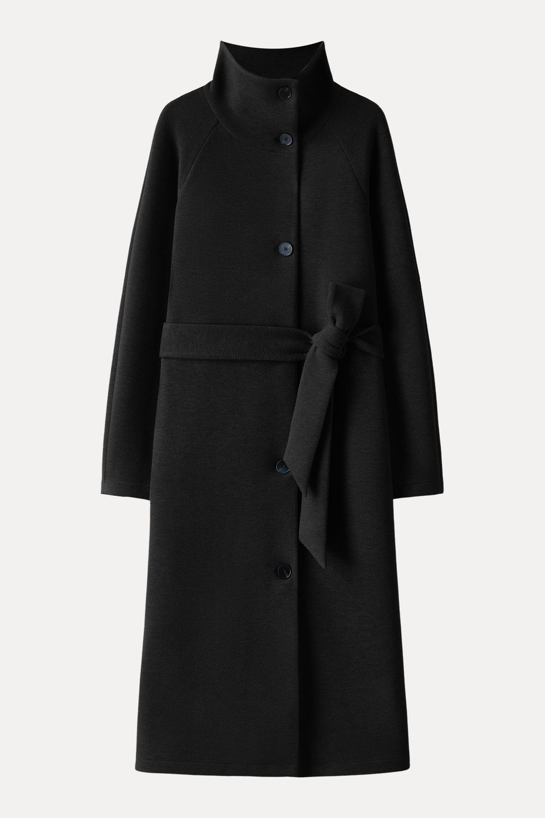 Belted coat with tunnel collar and buttons