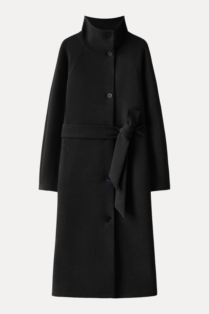 Belted coat with tunnel collar and buttons