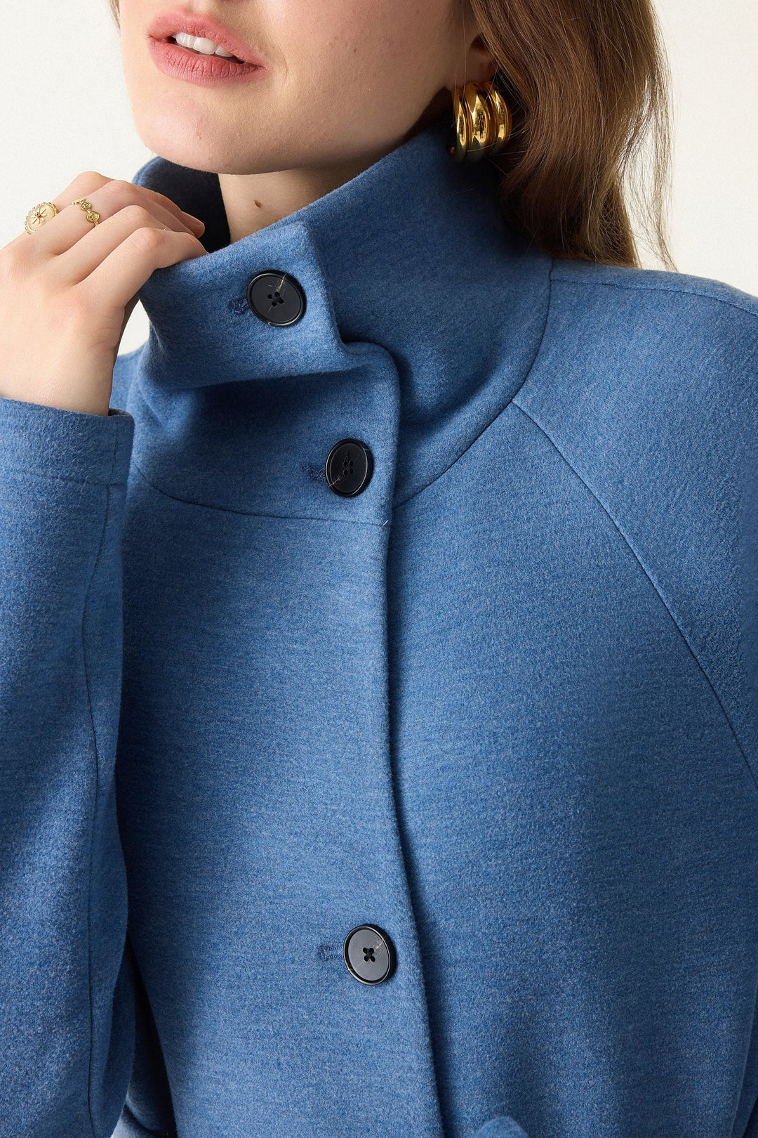 Belted coat with tunnel collar and buttons