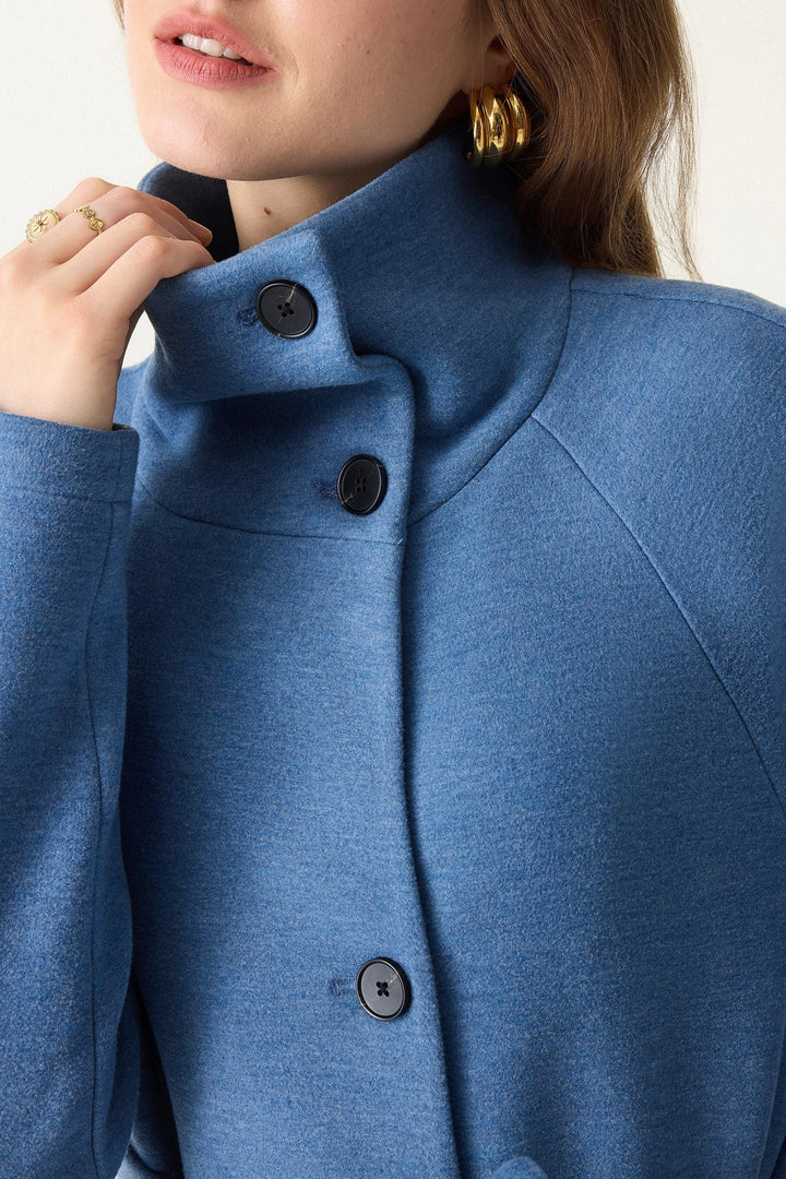 Belted coat with tunnel collar and buttons