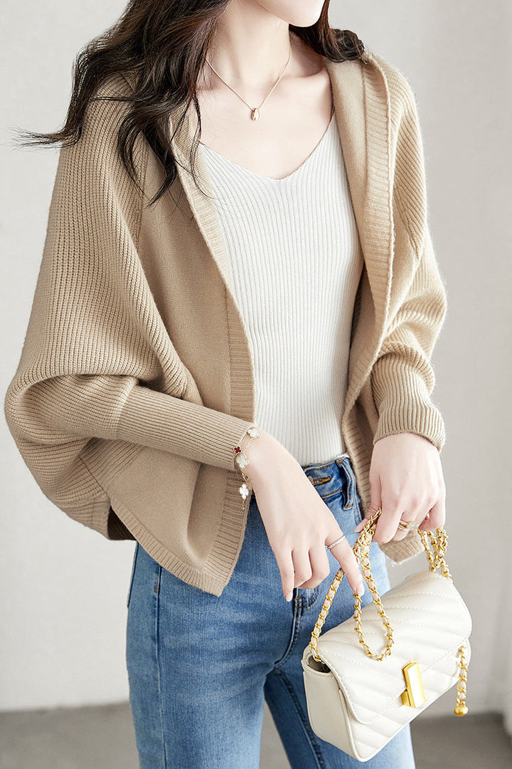 Hooded Knit Cardigan with Batwing Sleeves