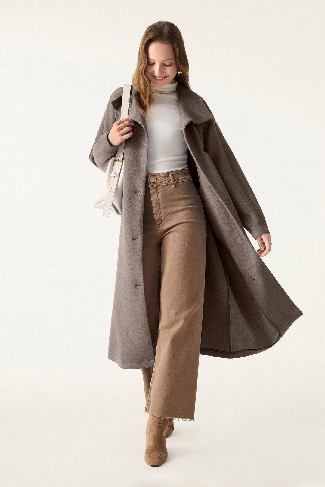 Belted coat with tunnel collar and buttons