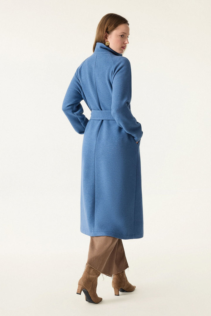 Belted coat with tunnel collar and buttons