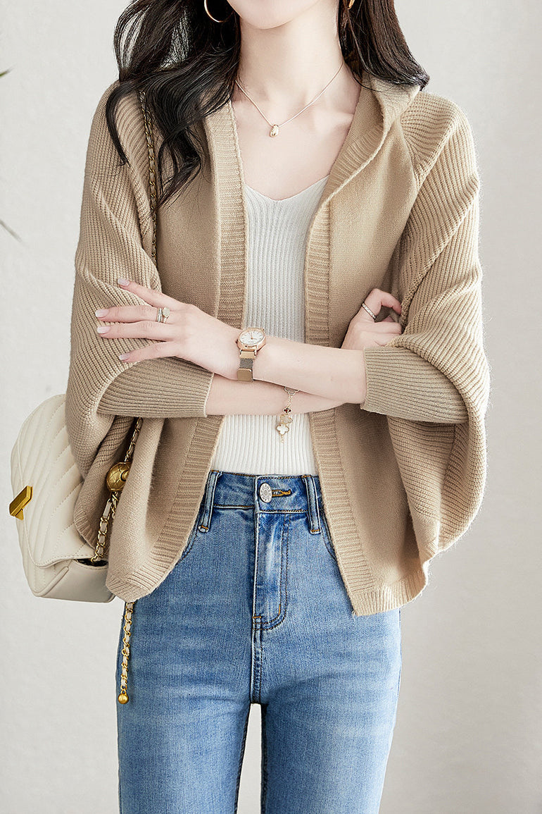 Hooded Knit Cardigan with Batwing Sleeves