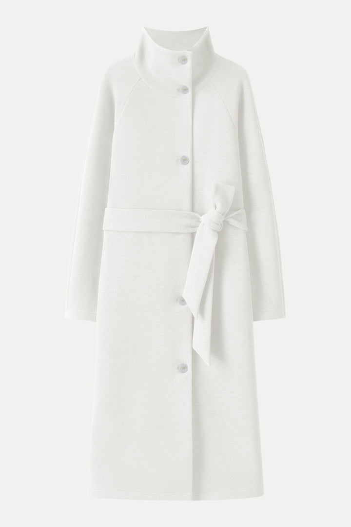 Belted coat with tunnel collar and buttons