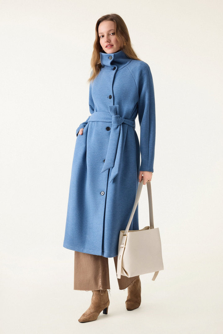 Belted coat with tunnel collar and buttons