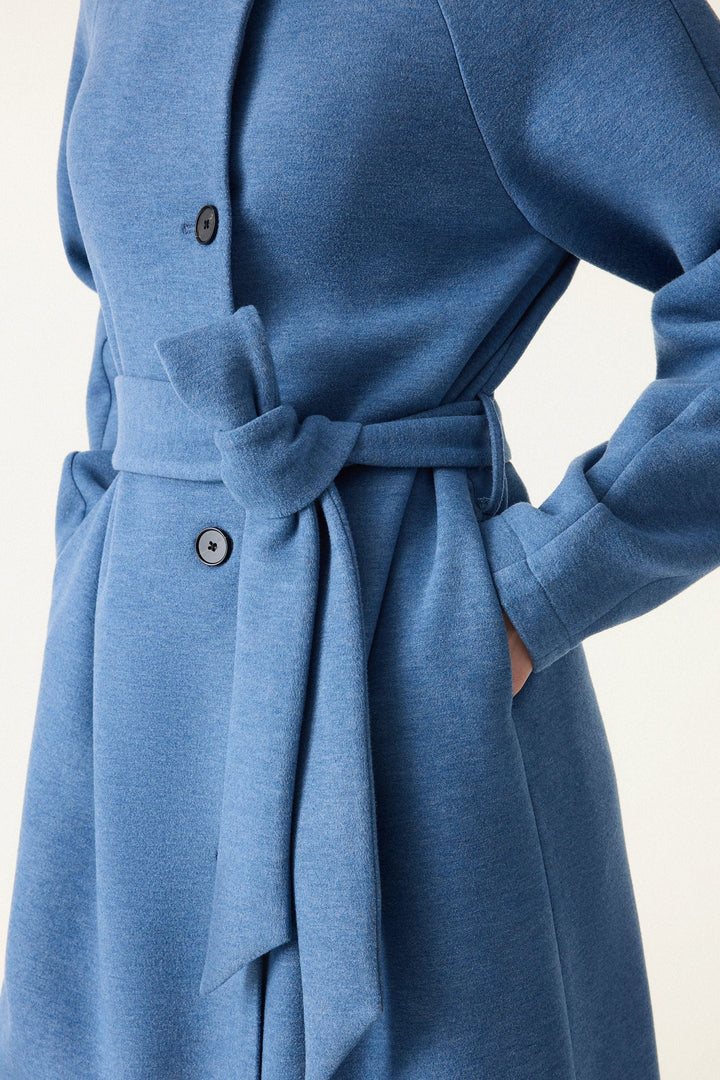 Belted coat with tunnel collar and buttons