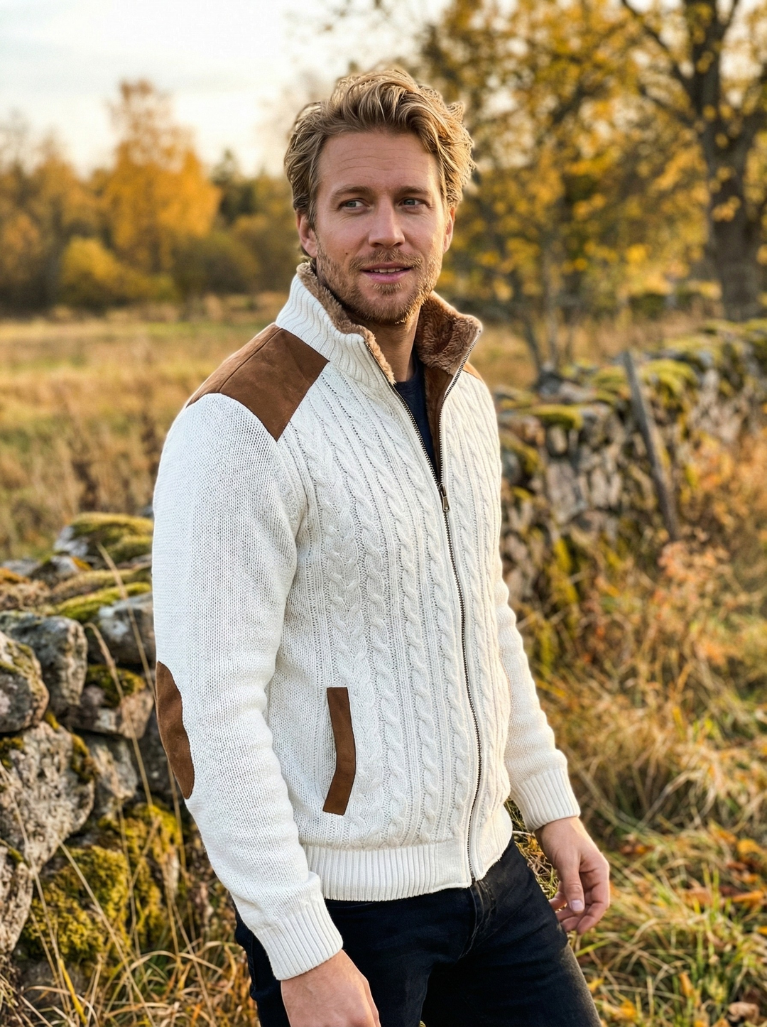 Faux Fur-Lined Cable Knit Jacket