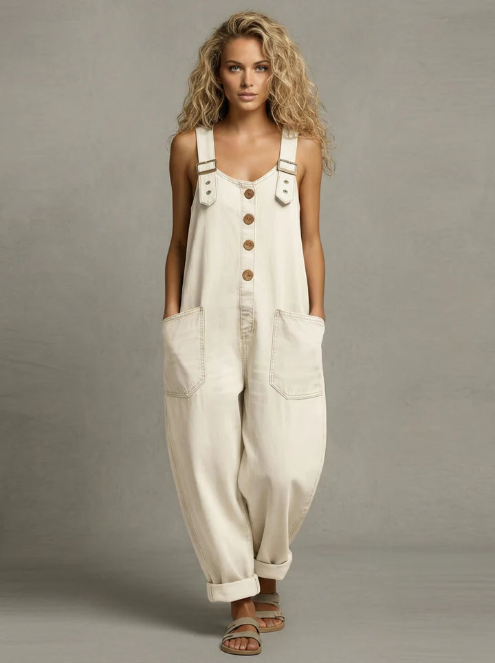 Moxelle - Women's Denim Jumpsuit with Pockets and Straps