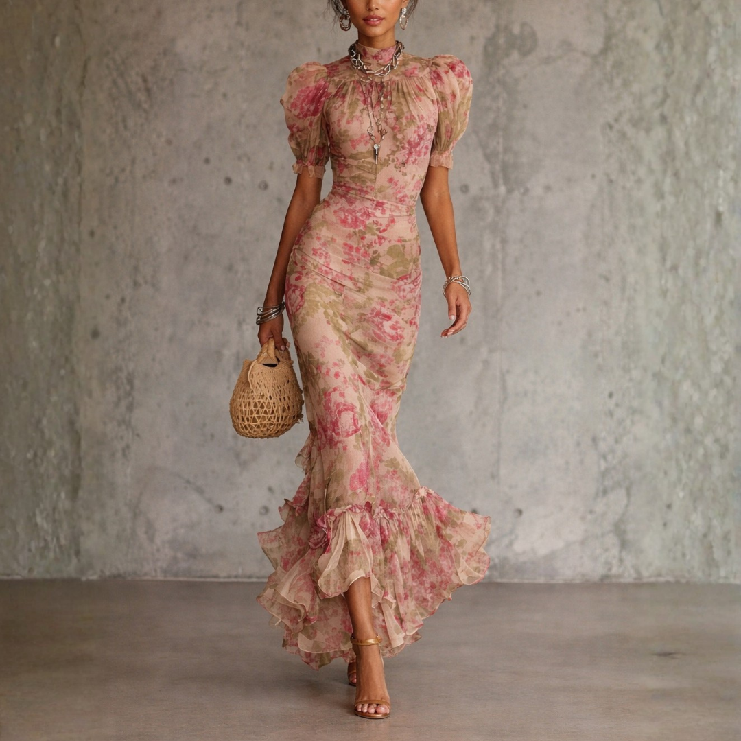 Elowen | Vintage Rose Puff Sleeve Maxi Dress