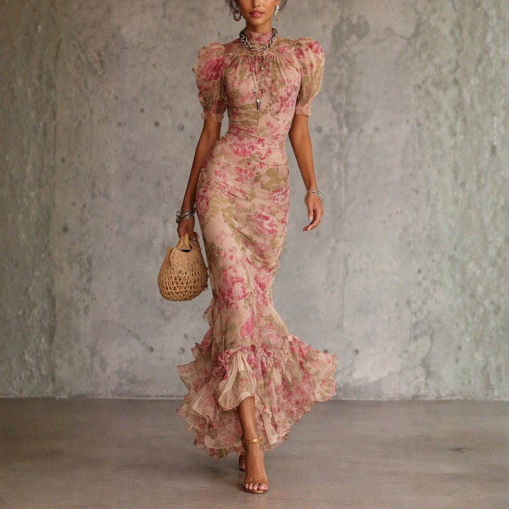 Elowen | Vintage Rose Puff Sleeve Maxi Dress