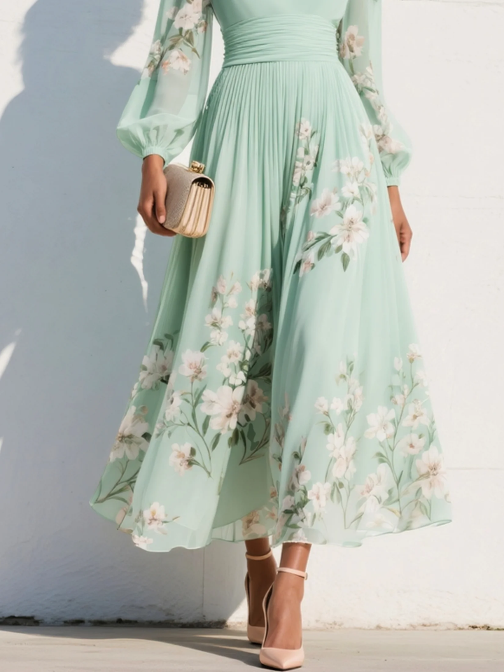 Mathilda | Sage Floral Pleated Midi Dress