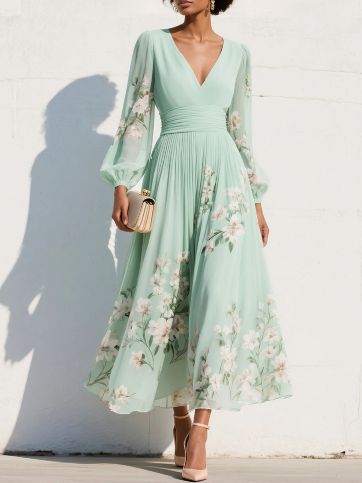 Mathilda | Sage Floral Pleated Midi Dress