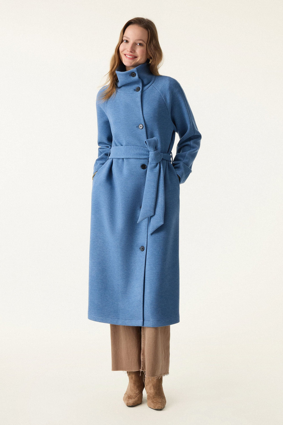 Belted coat with tunnel collar and buttons