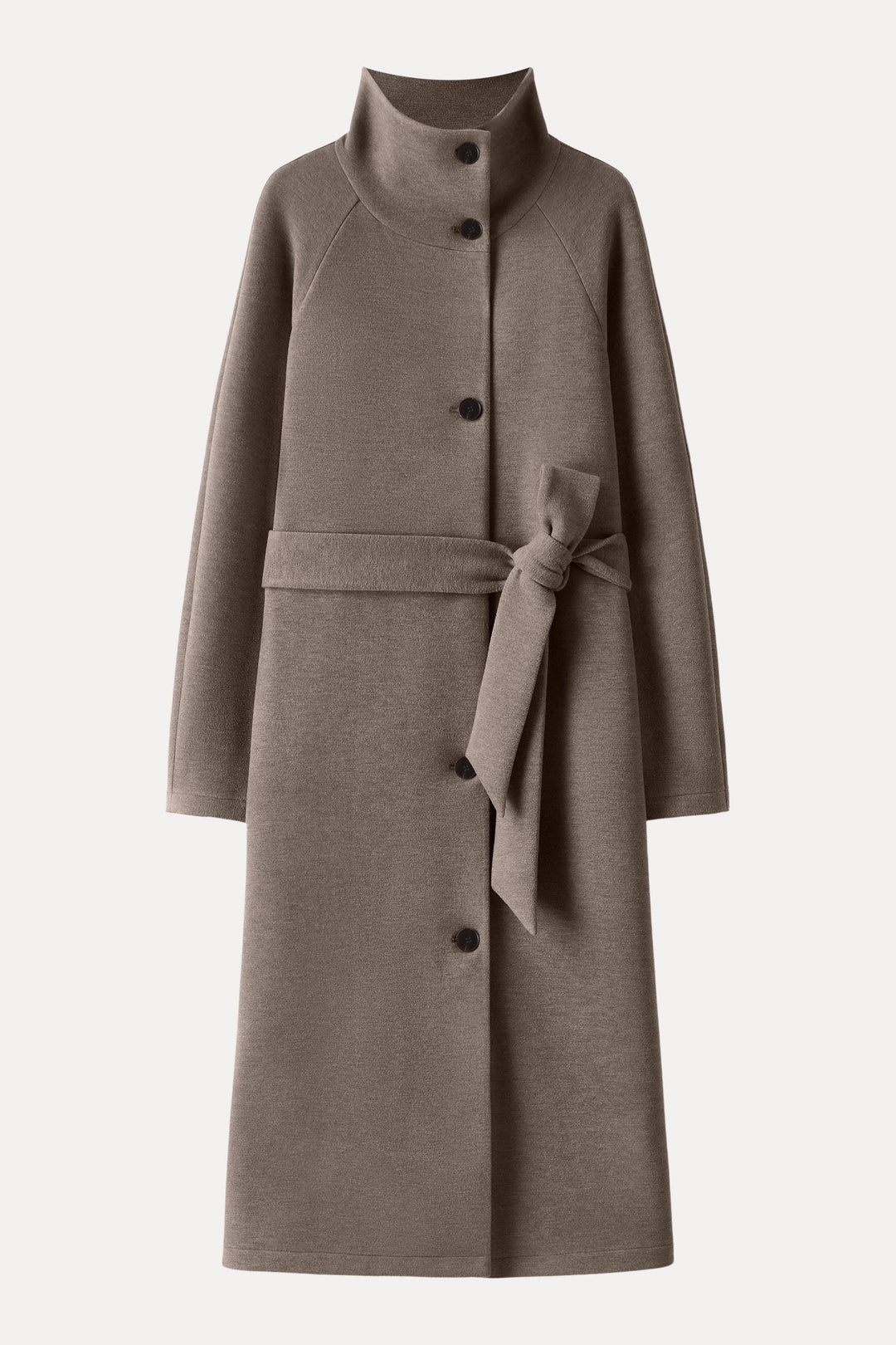 Belted coat with tunnel collar and buttons