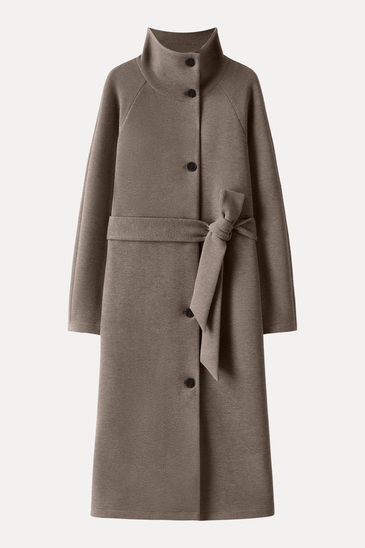 Belted coat with tunnel collar and buttons