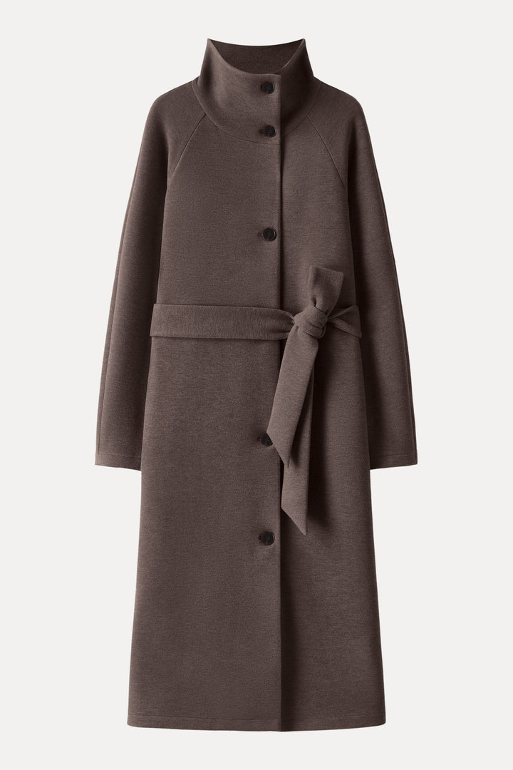 Belted coat with tunnel collar and buttons