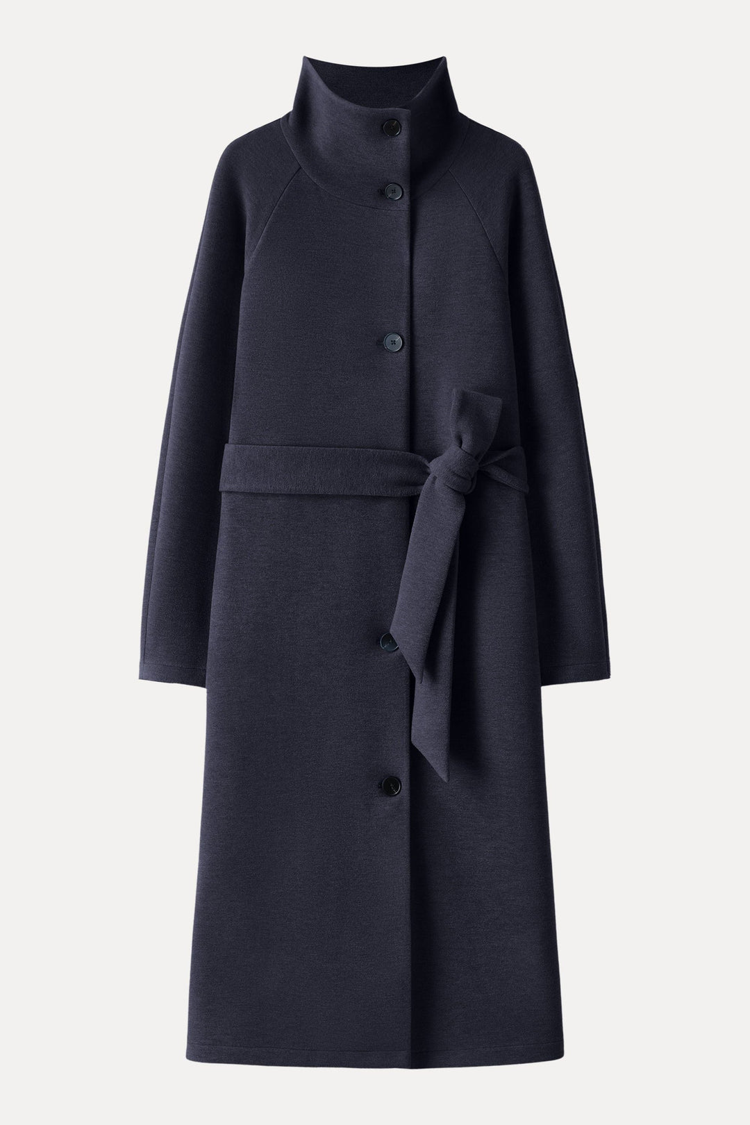 Belted coat with tunnel collar and buttons