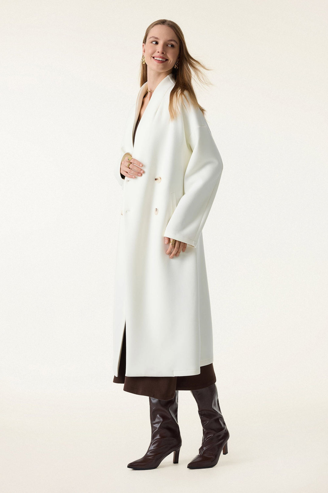 Double-breasted coat with standing collar